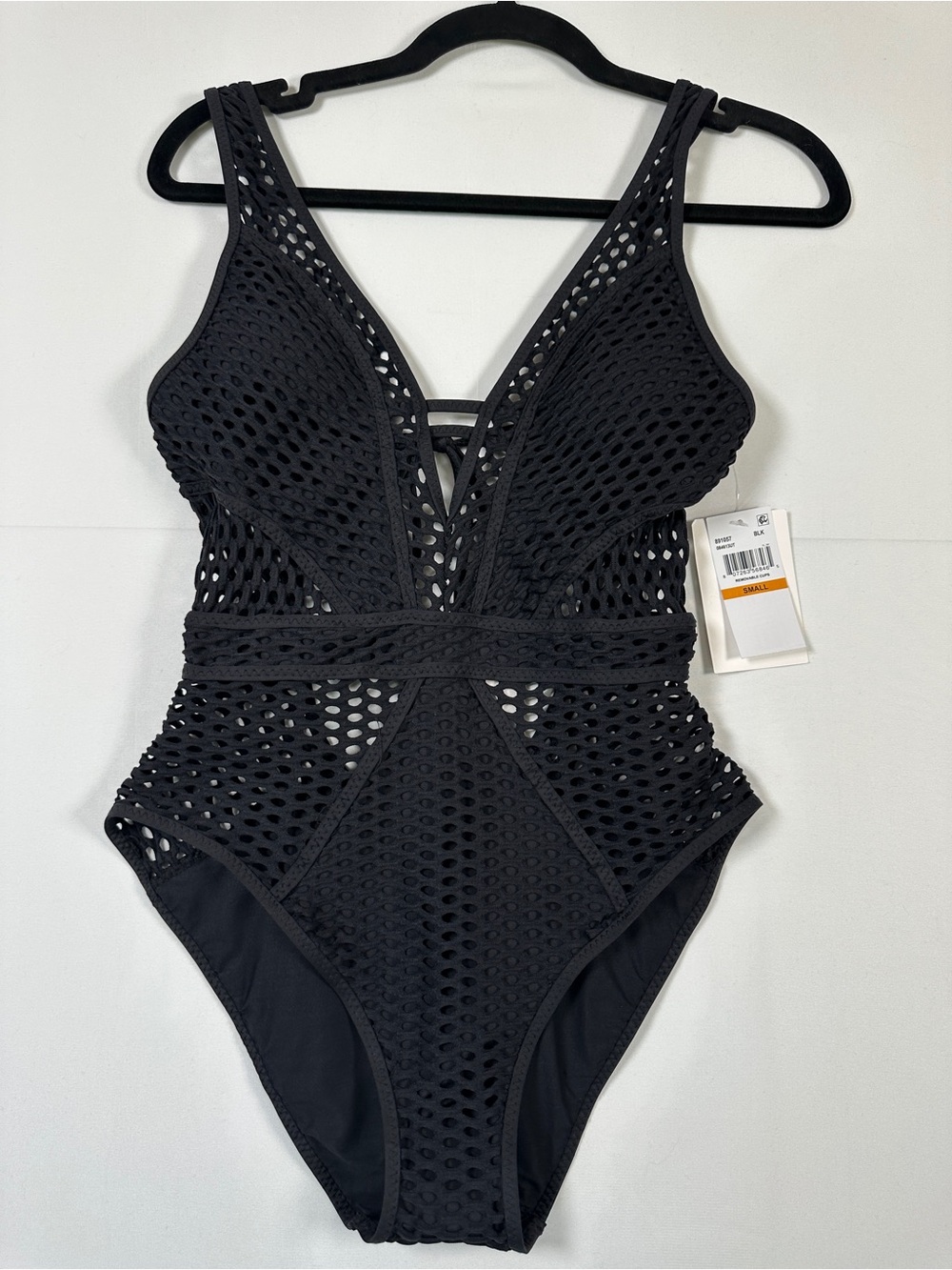 Becca Crochet Plunge One Piece Swimsuit Black Color Play Resort NWT S